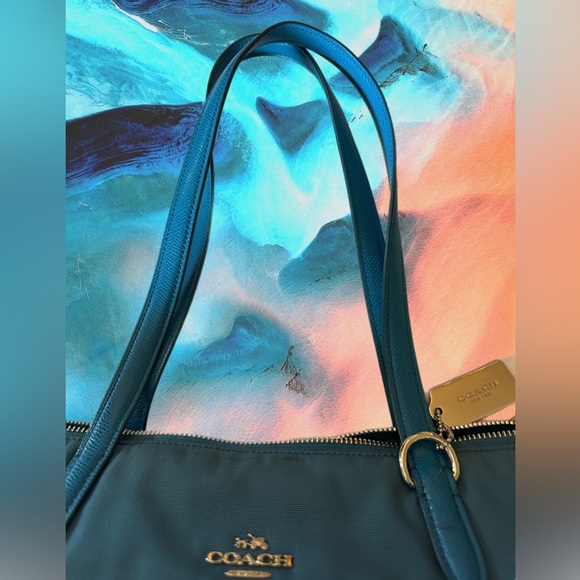 COACH 35500 Nylon/Leather Peacock Blue Tote/Shoulder Bag - Picture 5 of 13